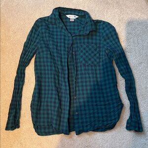 Old Navy Teal and Navy Checkered Button Down Shirt